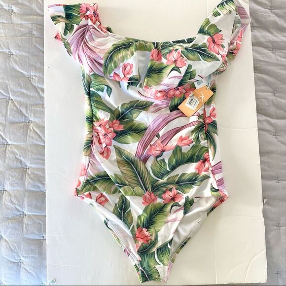 Kona Sol Off-Shoulder Ruffle One-Piece Swimsuit – Green/White, Size S, NWT - Picture 9 of 9
